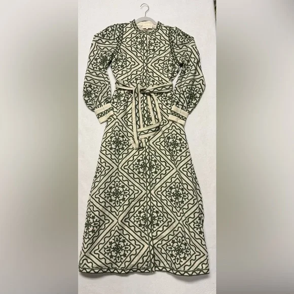 Sézane Silvana dress in a green geometric pattern ecru green - Picture 6 of 16